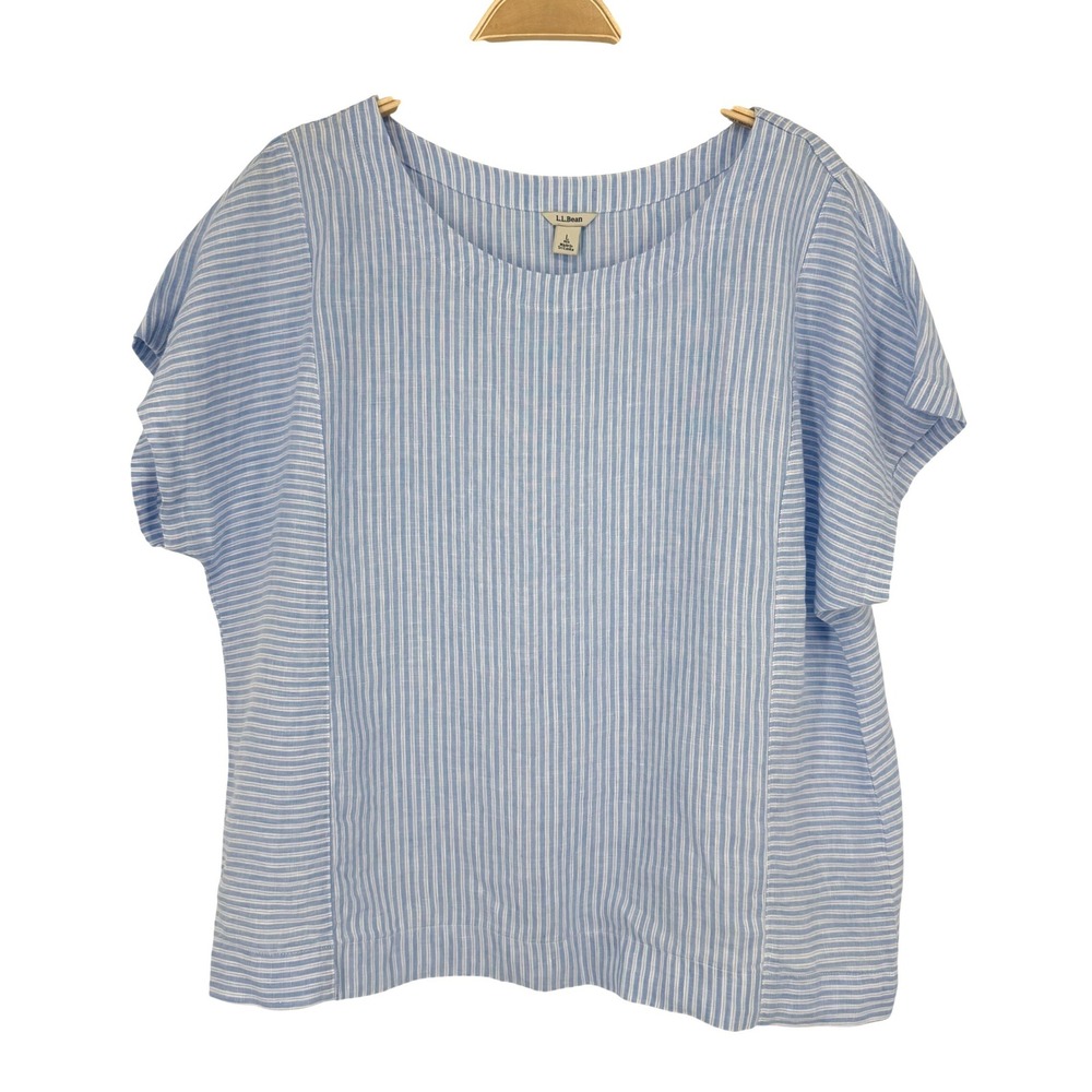 L.L. Bean Linen Striped Top Womens L Blue White Excellent Short Sleeve 528120